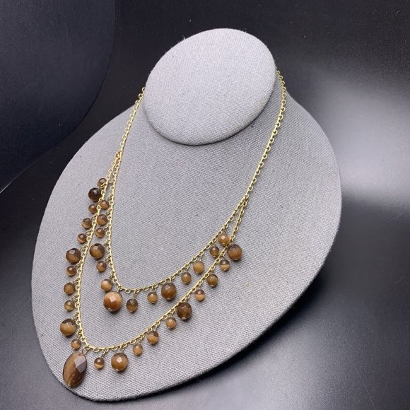 Layered Glass Bead Necklace Chocolate Brown Cats Eye Beaded Gold Tone - Picture 4 of 7